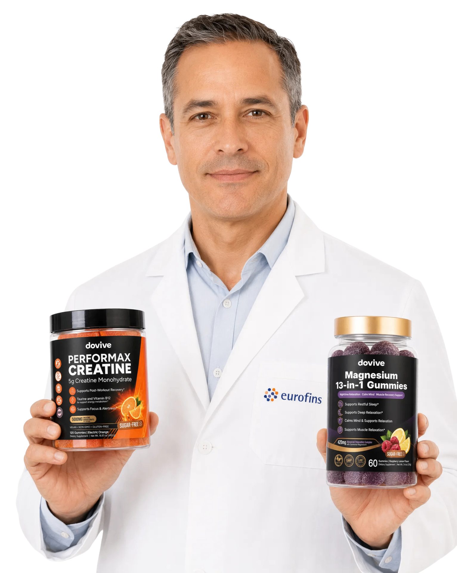 Eurofins-certified scientist holding Dovive Creatine and Magnesium bottles