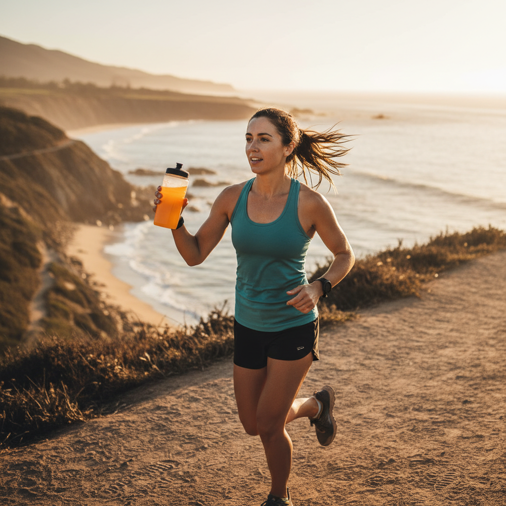 Runner with Dovive electrolyte bottle on a coastal trail