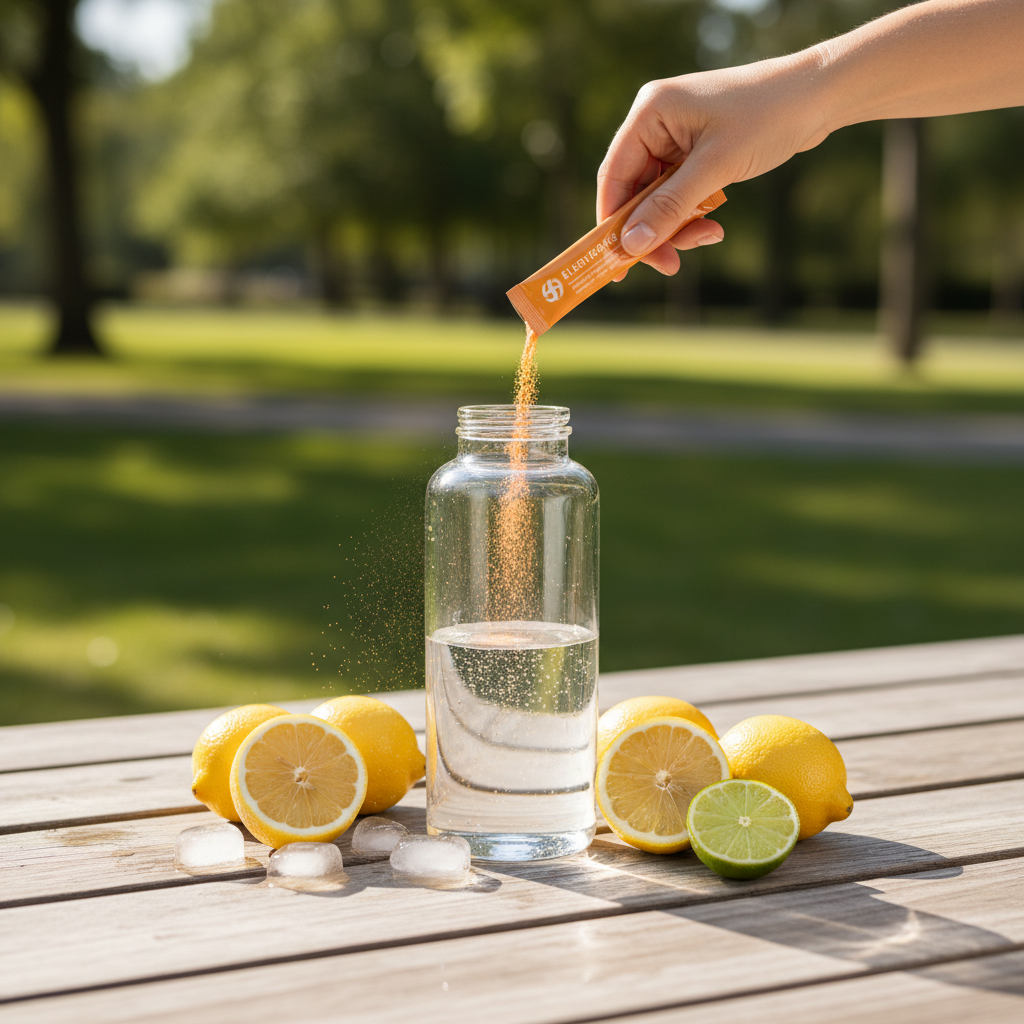Pouring an electrolyte stick pack into a water bottle