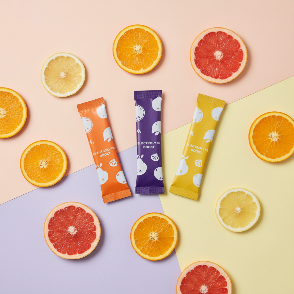 Flat lay of Dovive electrolyte stick packs with citrus