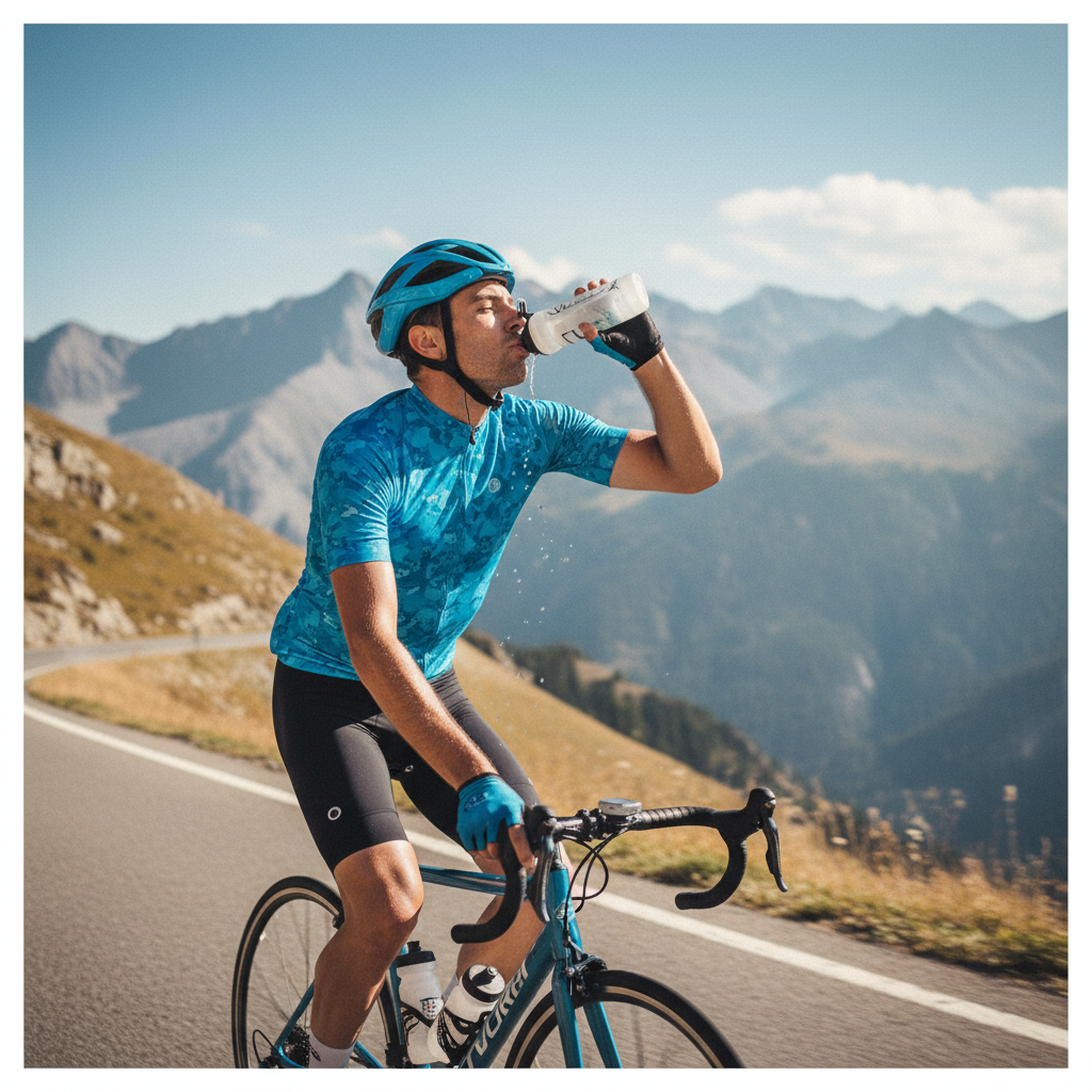 Cyclist drinking from a bidon on a mountain road