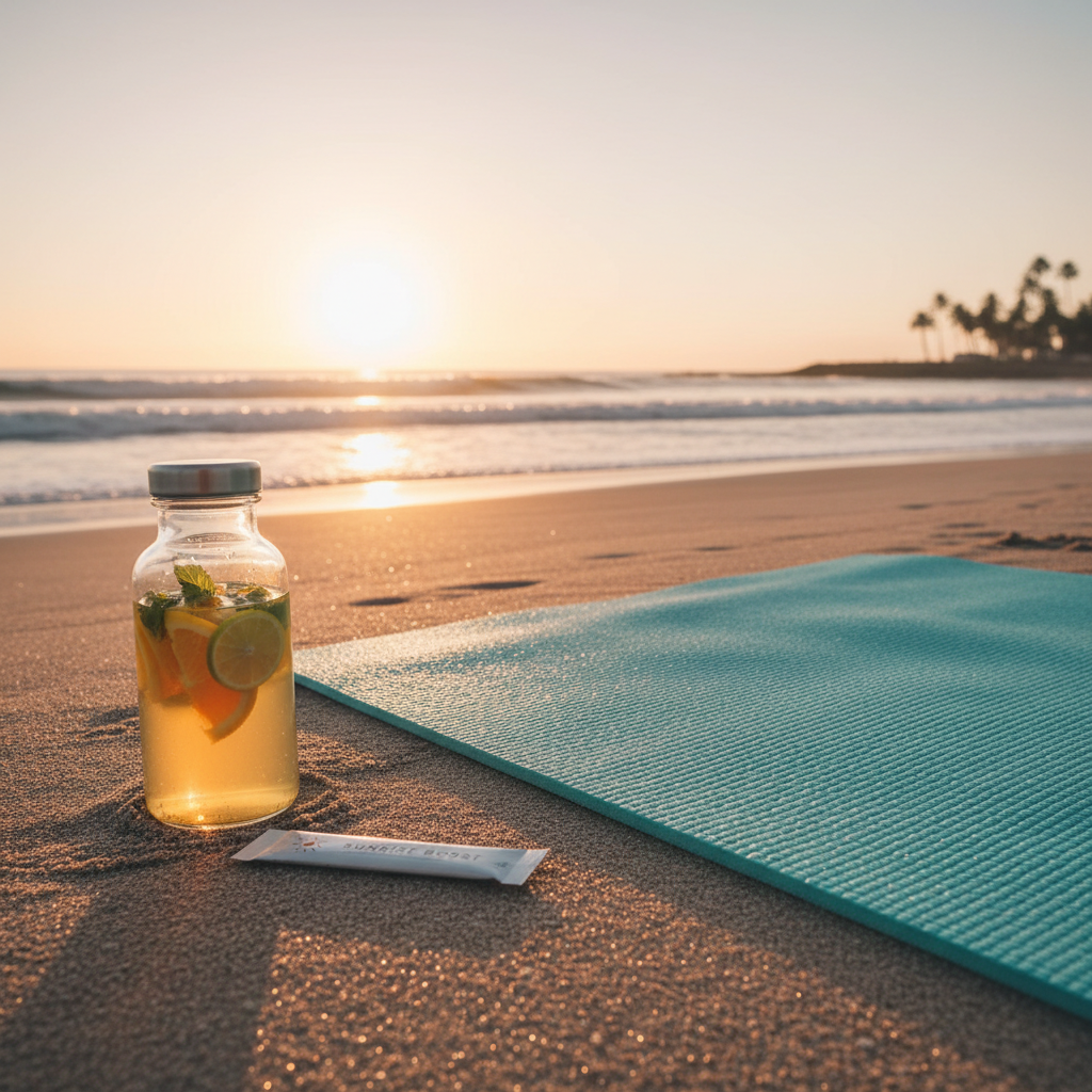 Yoga mat at sunrise with Dovive electrolyte